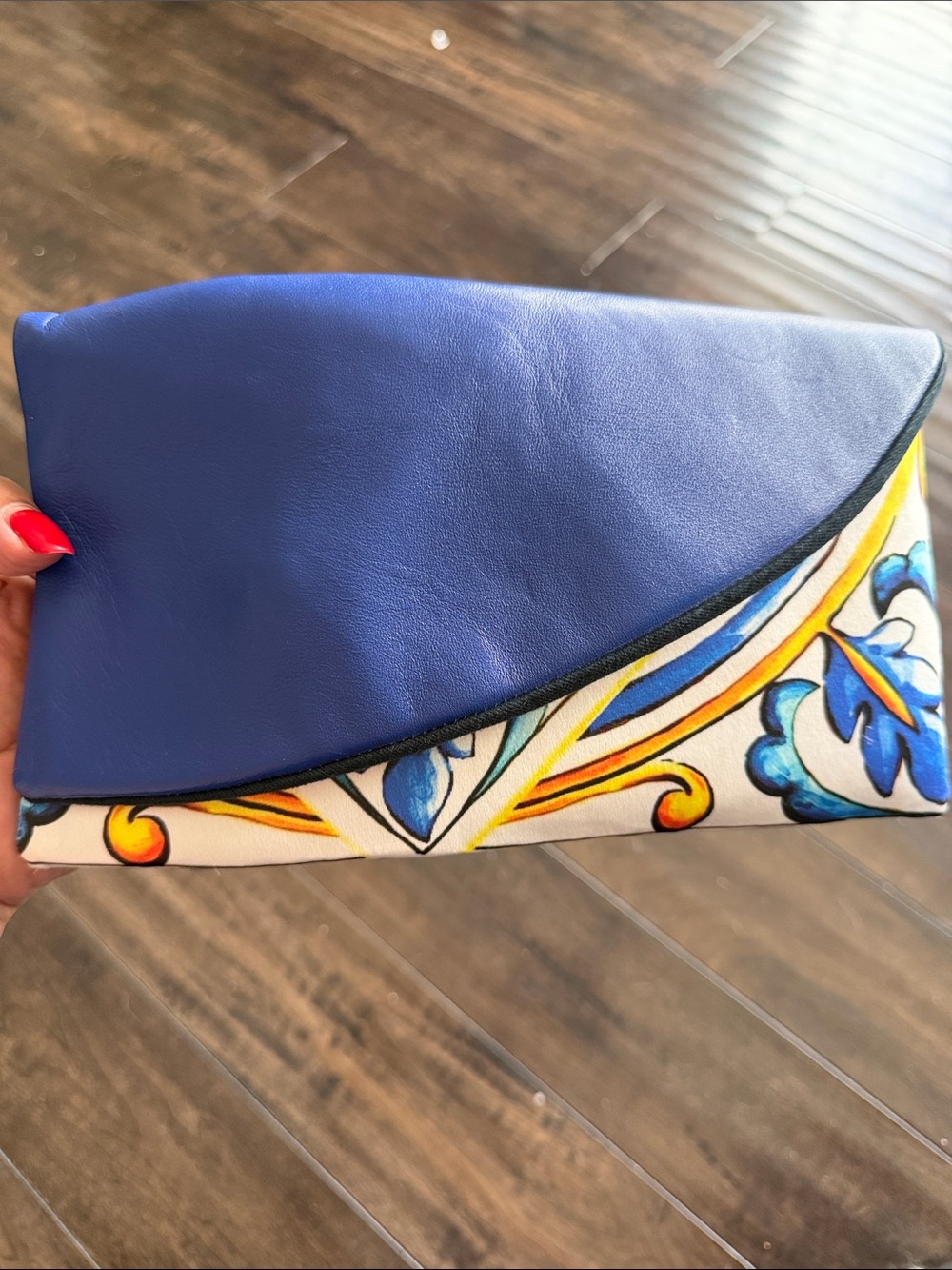 Blue Leather and Patterned Canvas Envelope Clutch